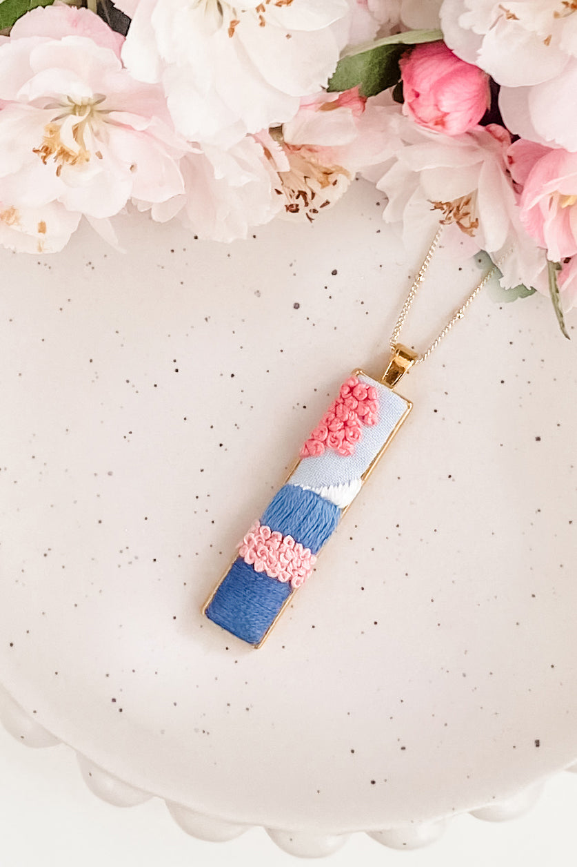 Mount Fuji with Cherry Blossoms Embroidered Necklace (Made to Order)