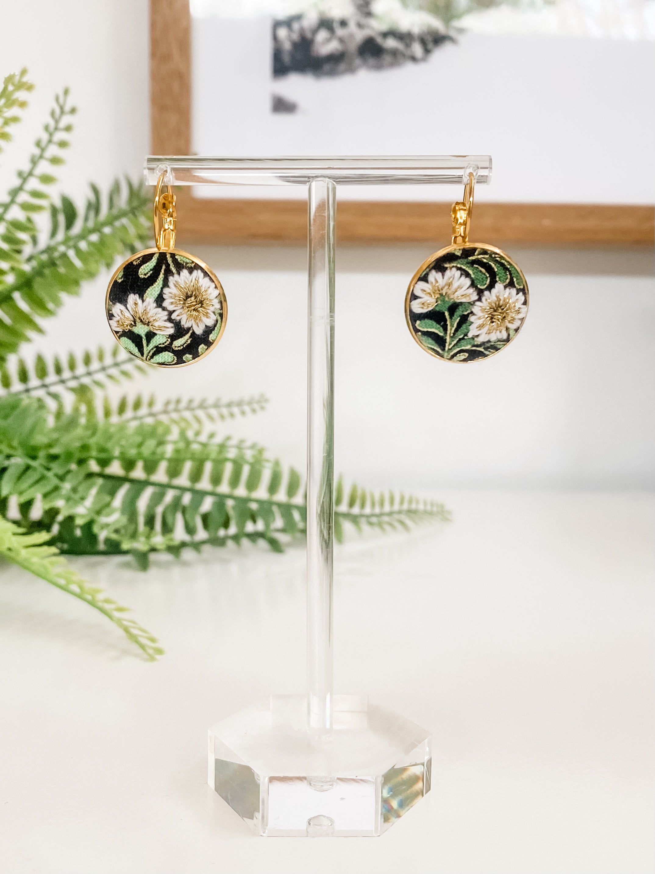 Small round French hook earrings, hand-embroidered