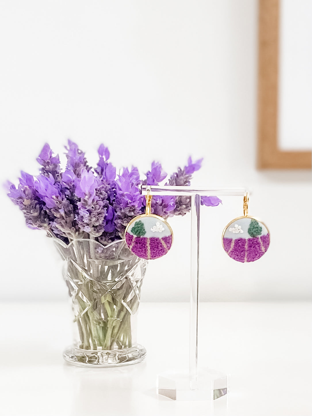 Embroidered Landscape Earrings | Modern Embroidered Earrings | Wearable Art Earrings - Lavender Dreams