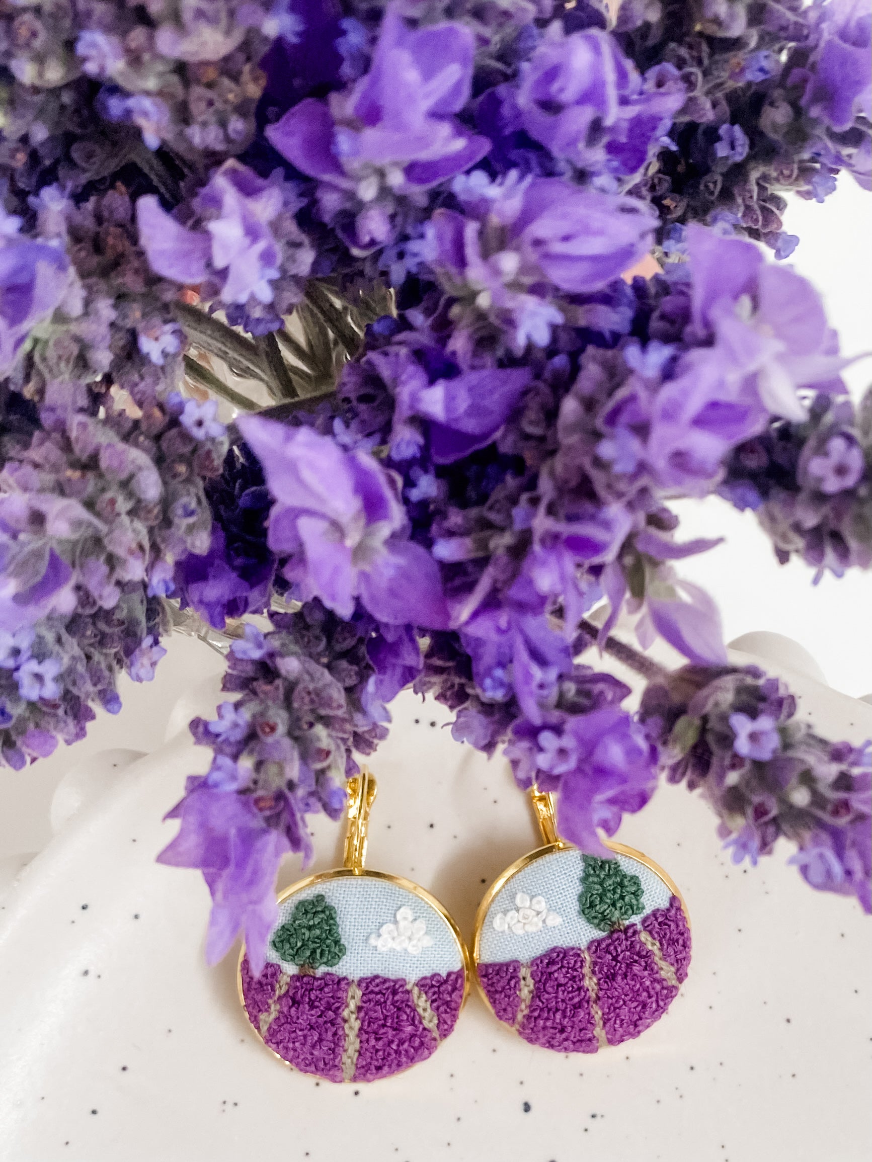 Embroidered Landscape Earrings | Modern Embroidered Earrings | Wearable Art Earrings - Lavender Dreams