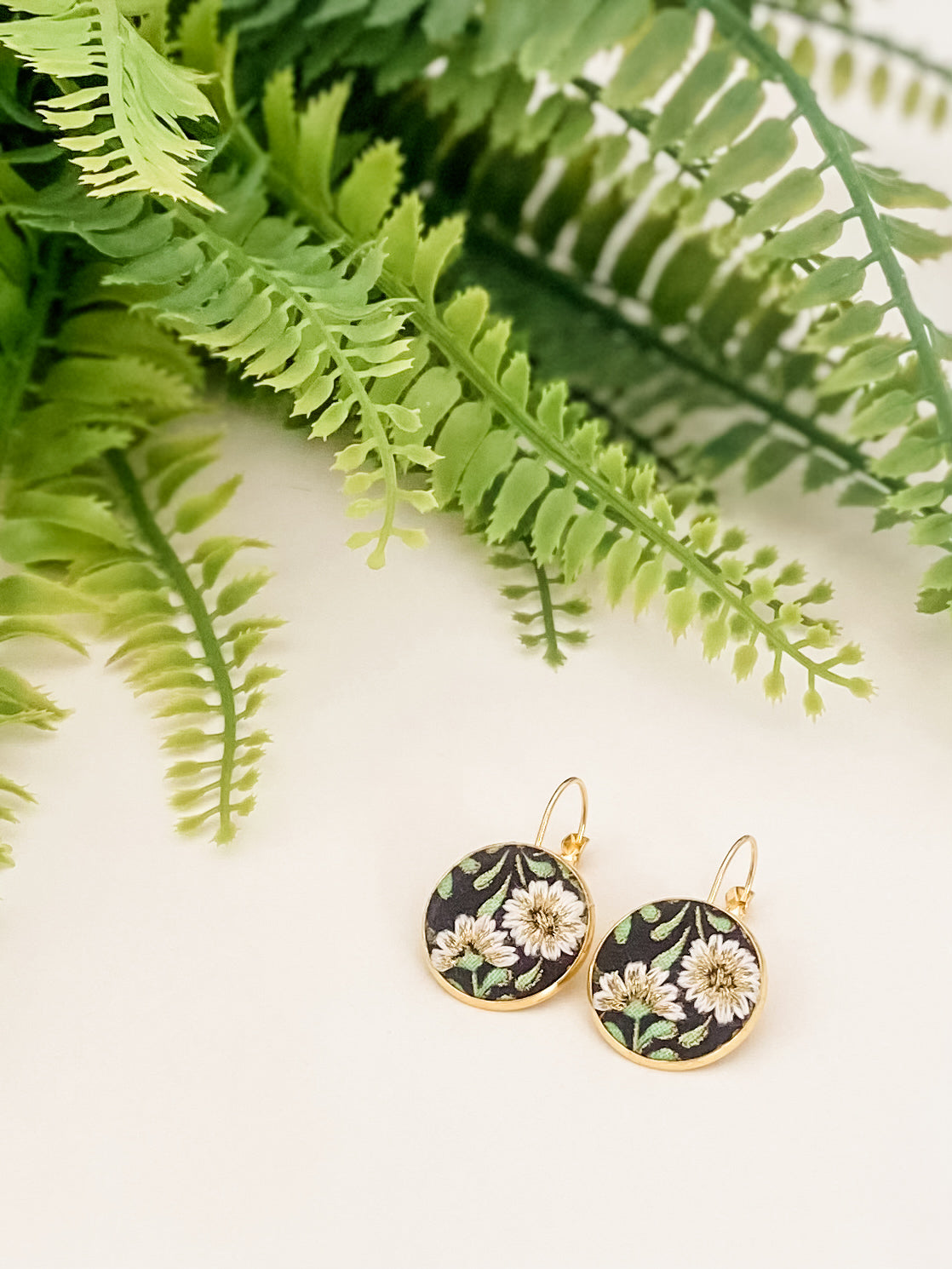 Small round French hook earrings, hand-embroidered