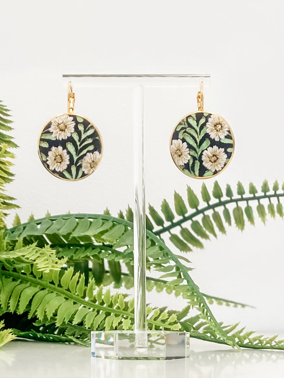 Large round French hook earrings, hand-embroidered