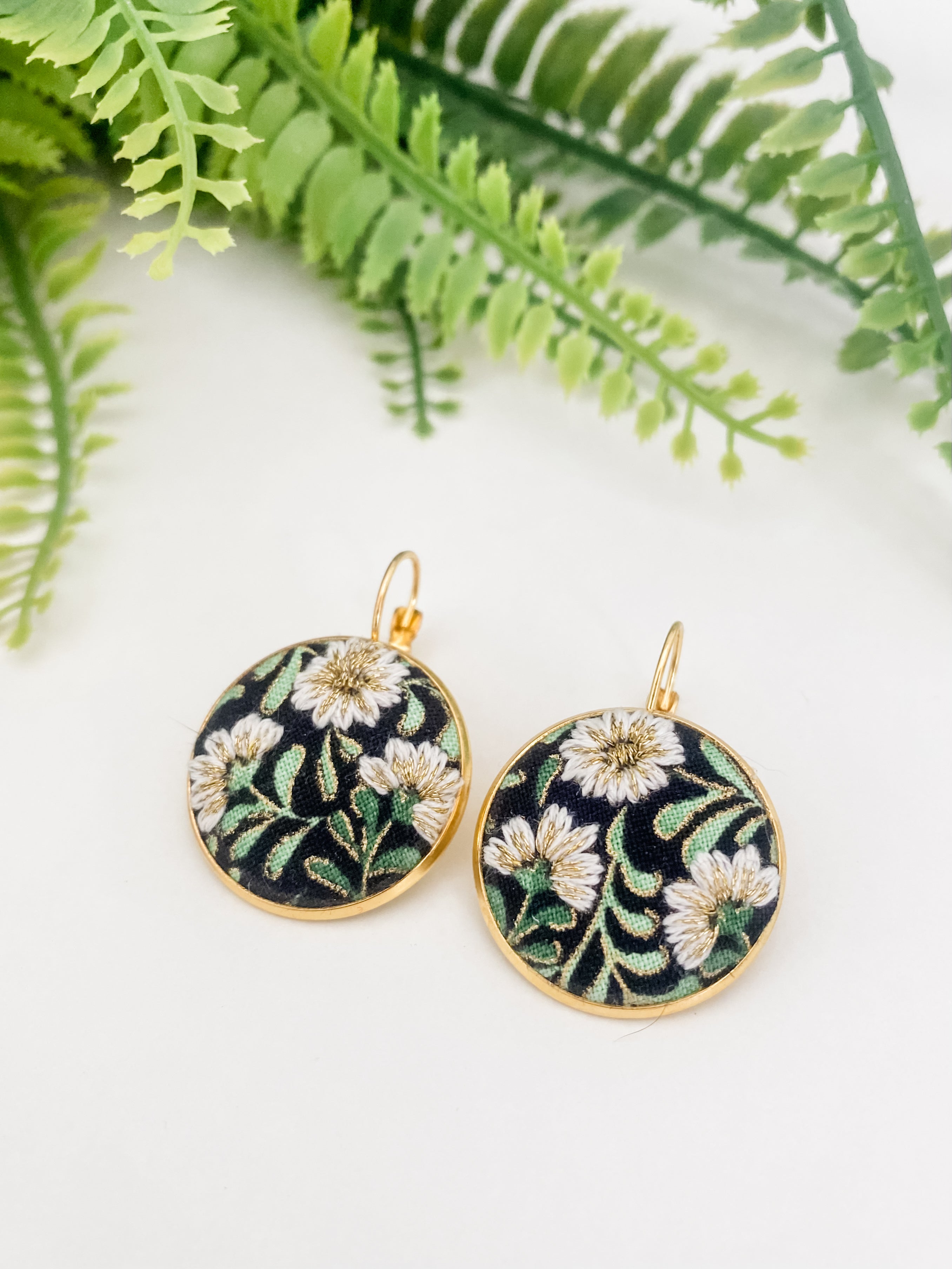 Large round French hook earrings, hand-embroidered