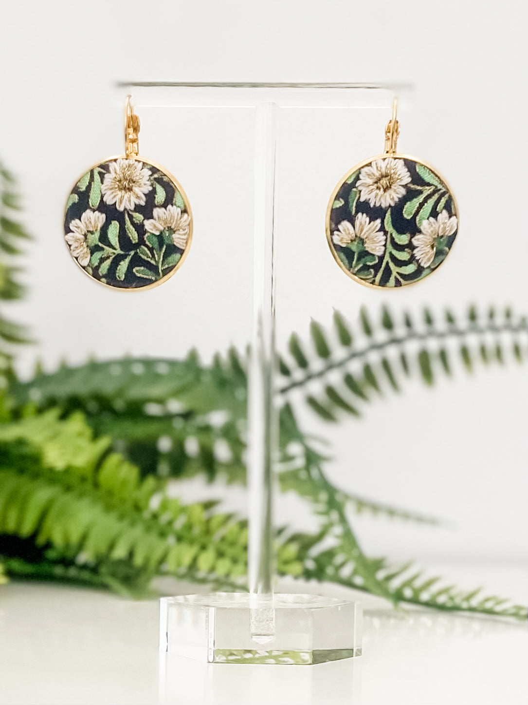 Large round French hook earrings, hand-embroidered