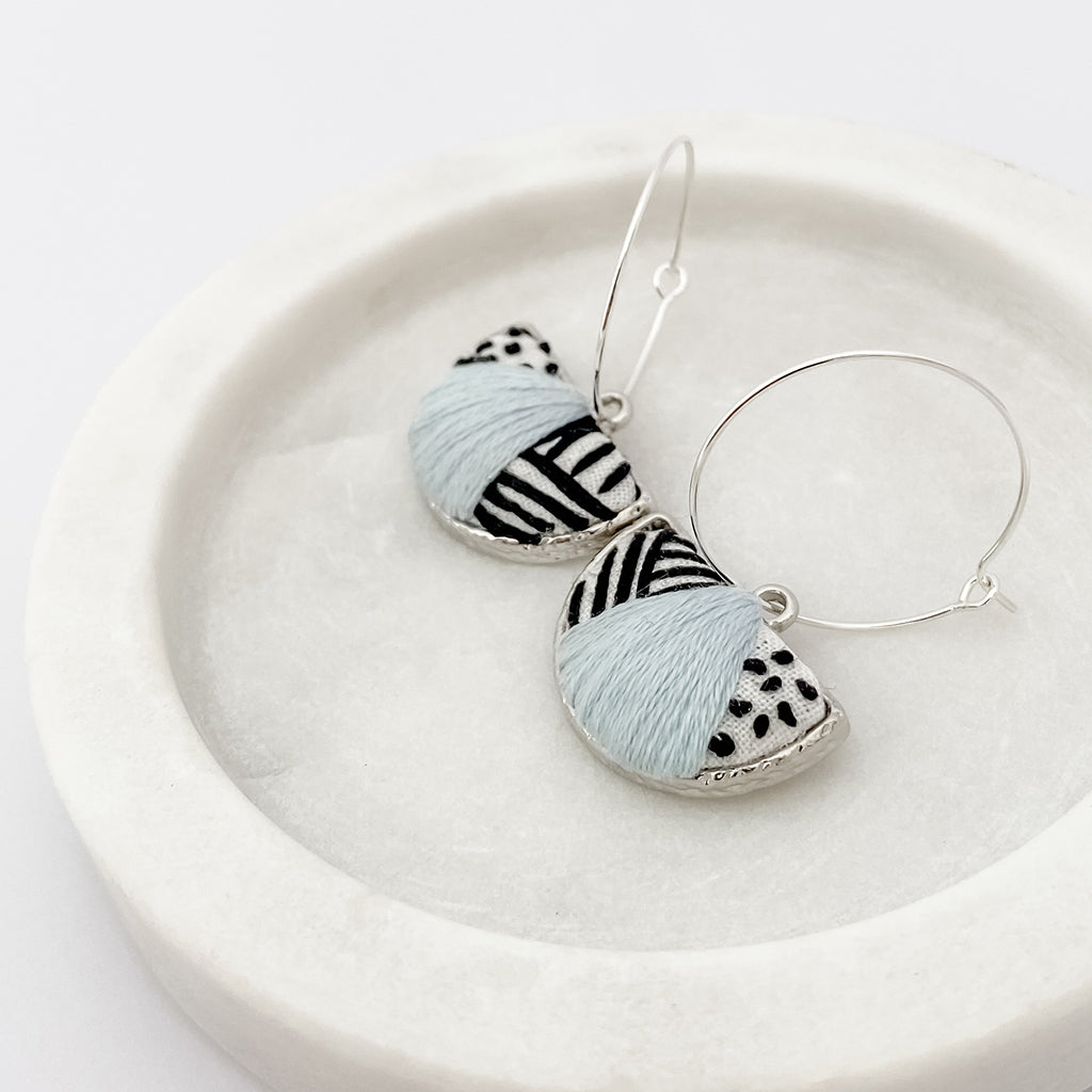 Kuro Collection – Hand-Embroidered Spots and Stripes Earrings (Silver)
