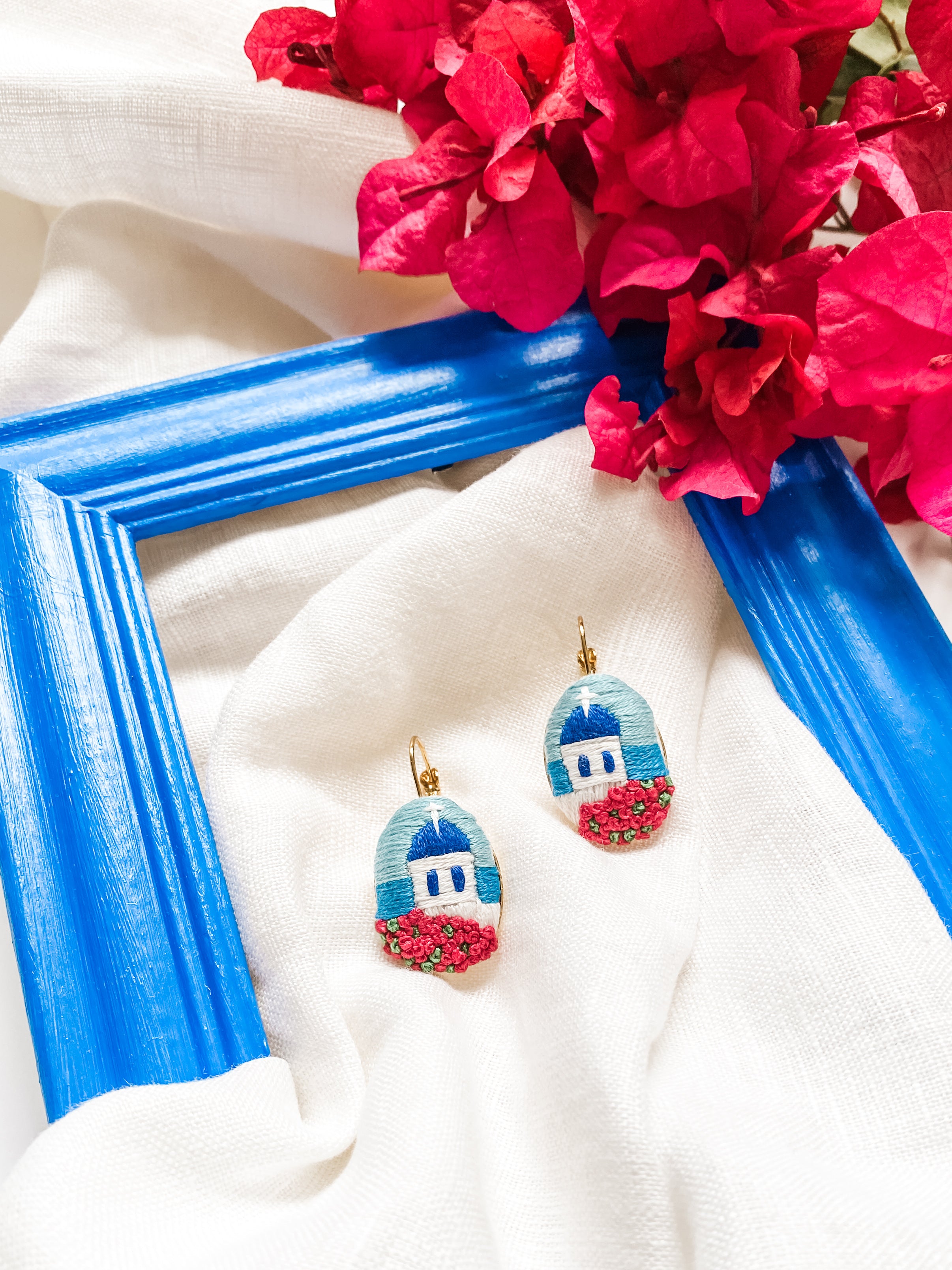 Santorini Embroidered Landscape Earrings Oval