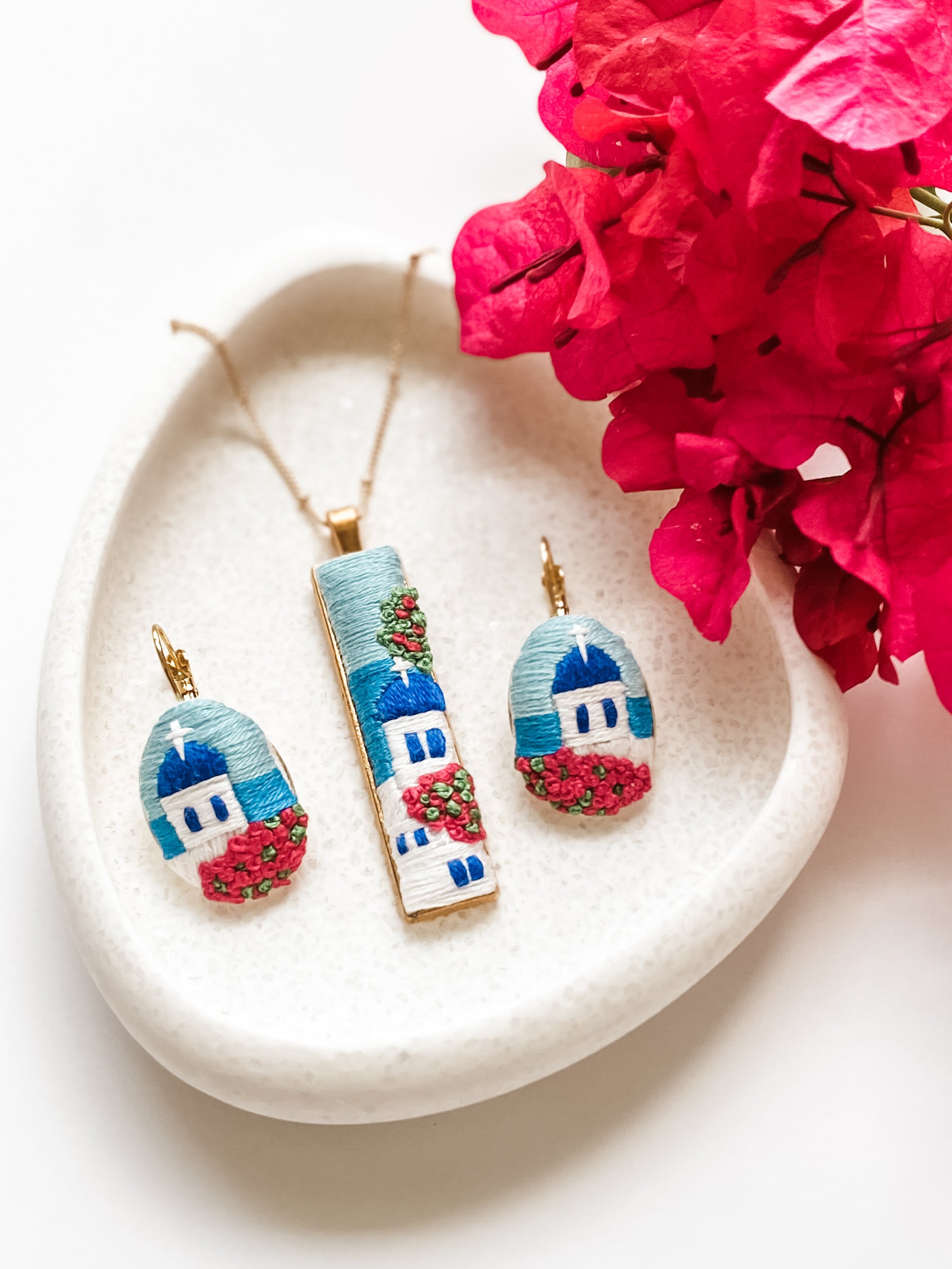 Santorini Embroidered Earrings and Necklace Set