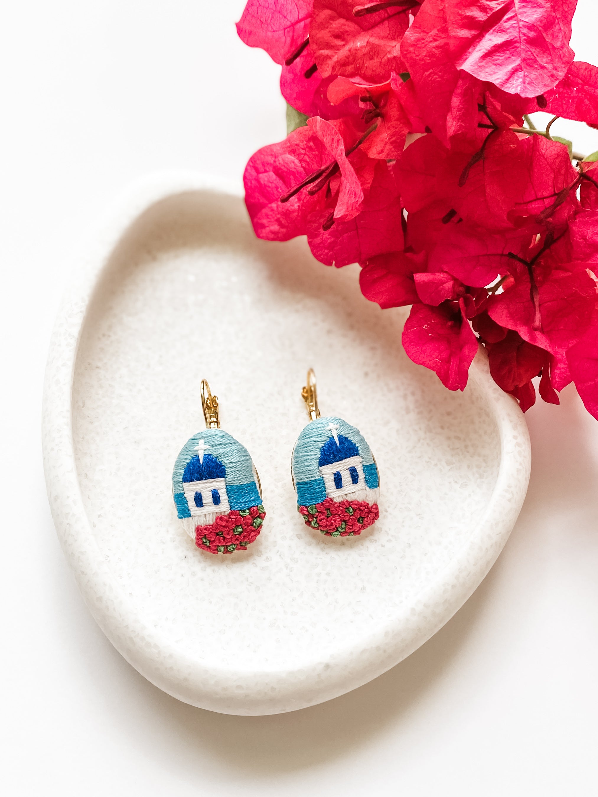 Santorini Embroidered Landscape Earrings Oval