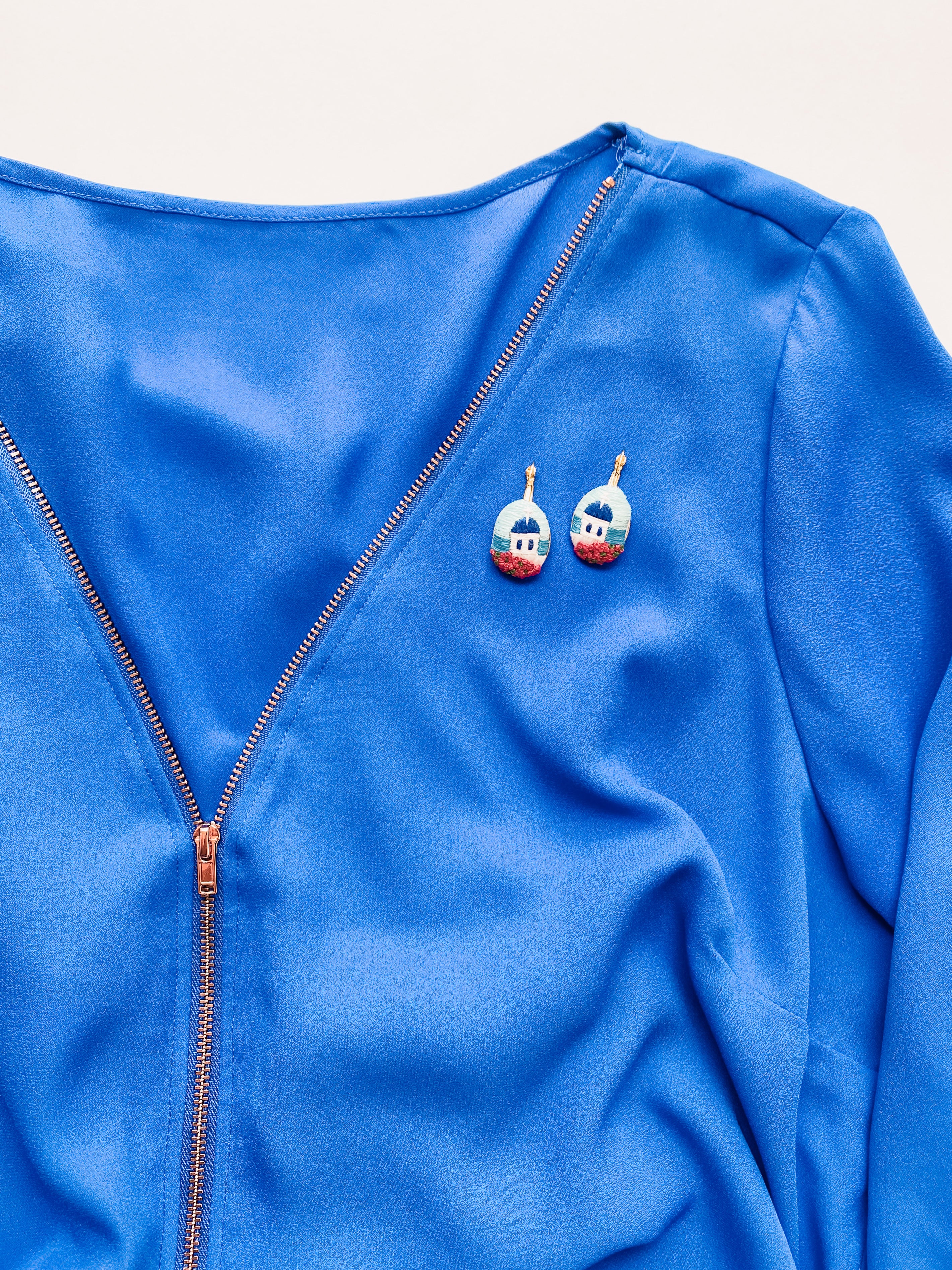 Santorini Embroidered Landscape Earrings Oval