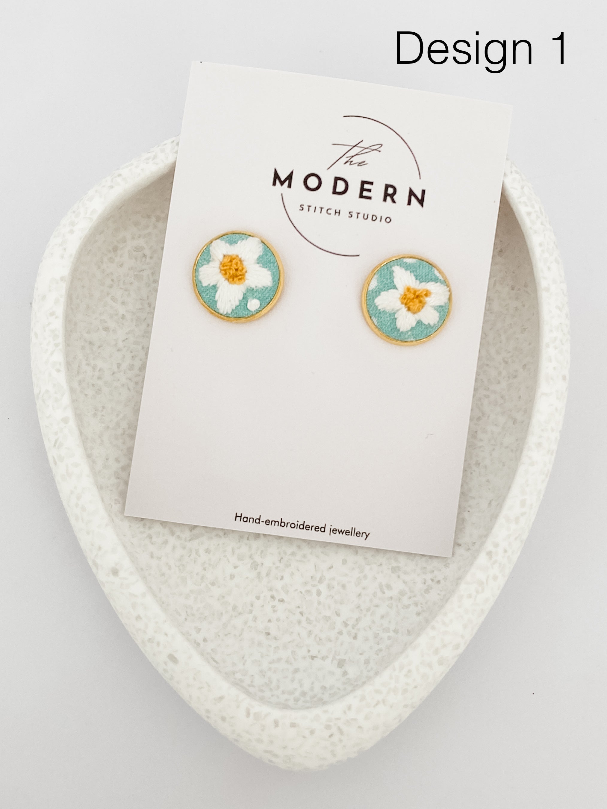 Modern Embroidered Stud Earrings | Hand Embroidered Earrings | Wearable Art Earrings