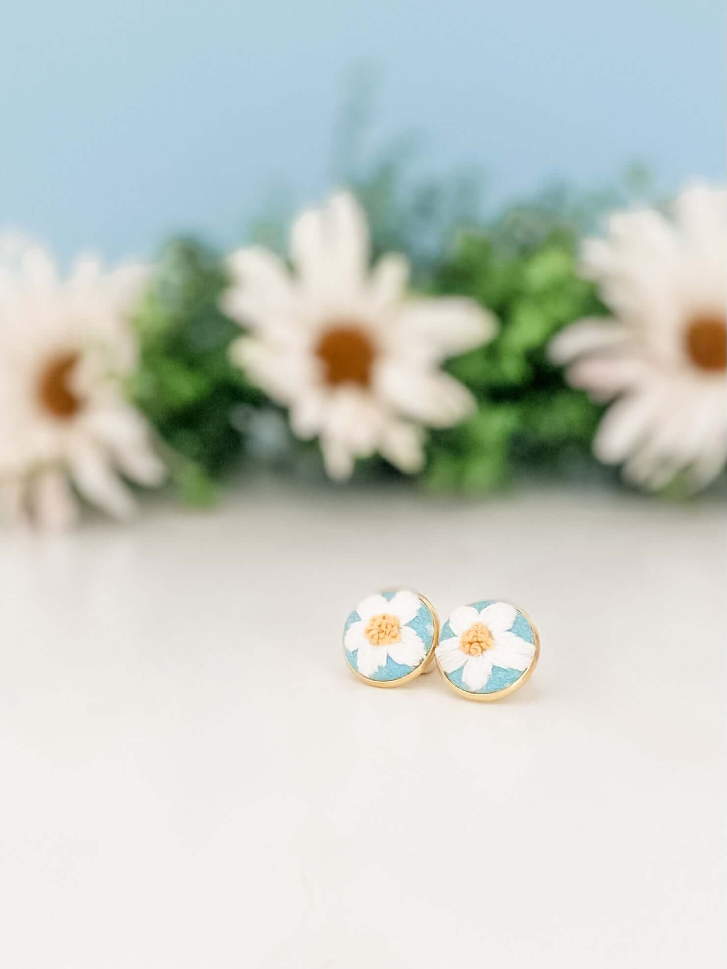 Round stud earrings, hand-embroidered