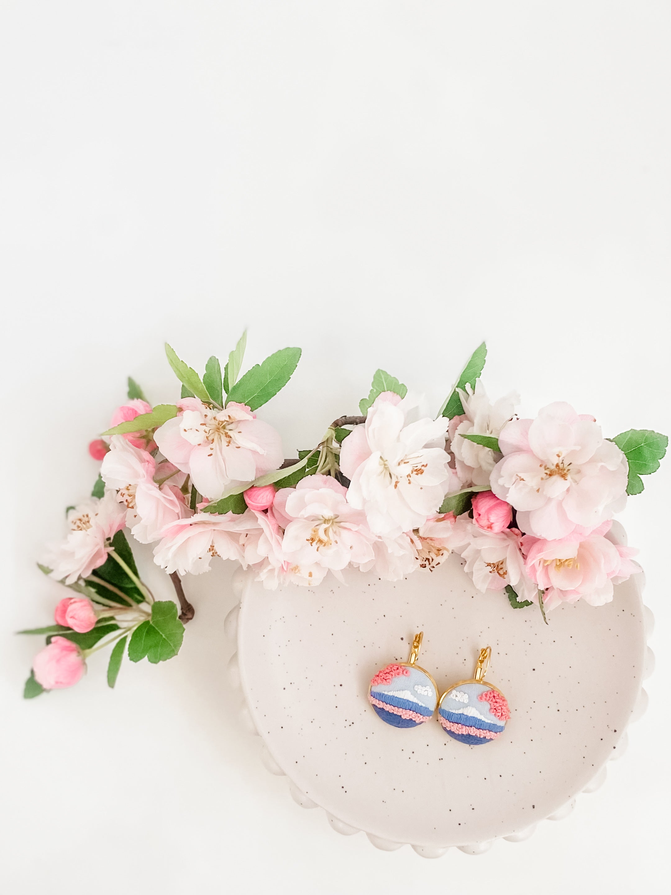 Mount Fuji with Cherry Blossoms Embroidered Landscape Earrings (Made to Order)