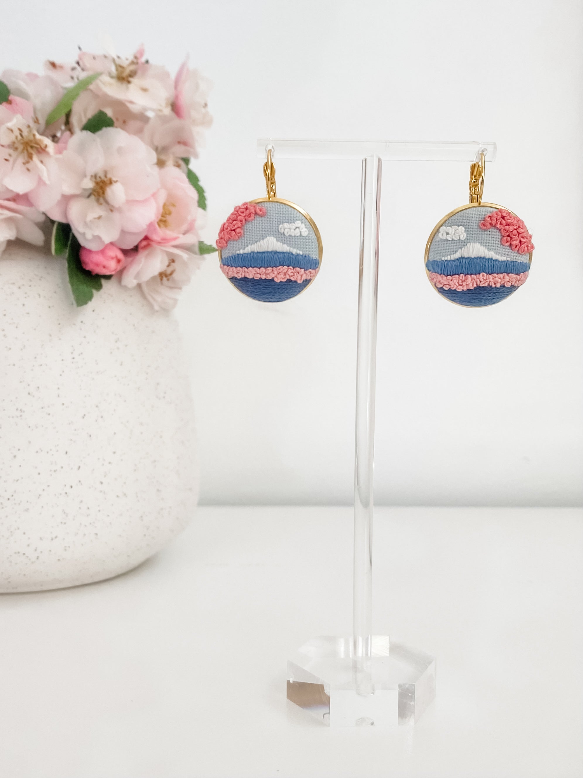 Mount Fuji with Cherry Blossoms Embroidered Landscape Earrings (Made to Order)