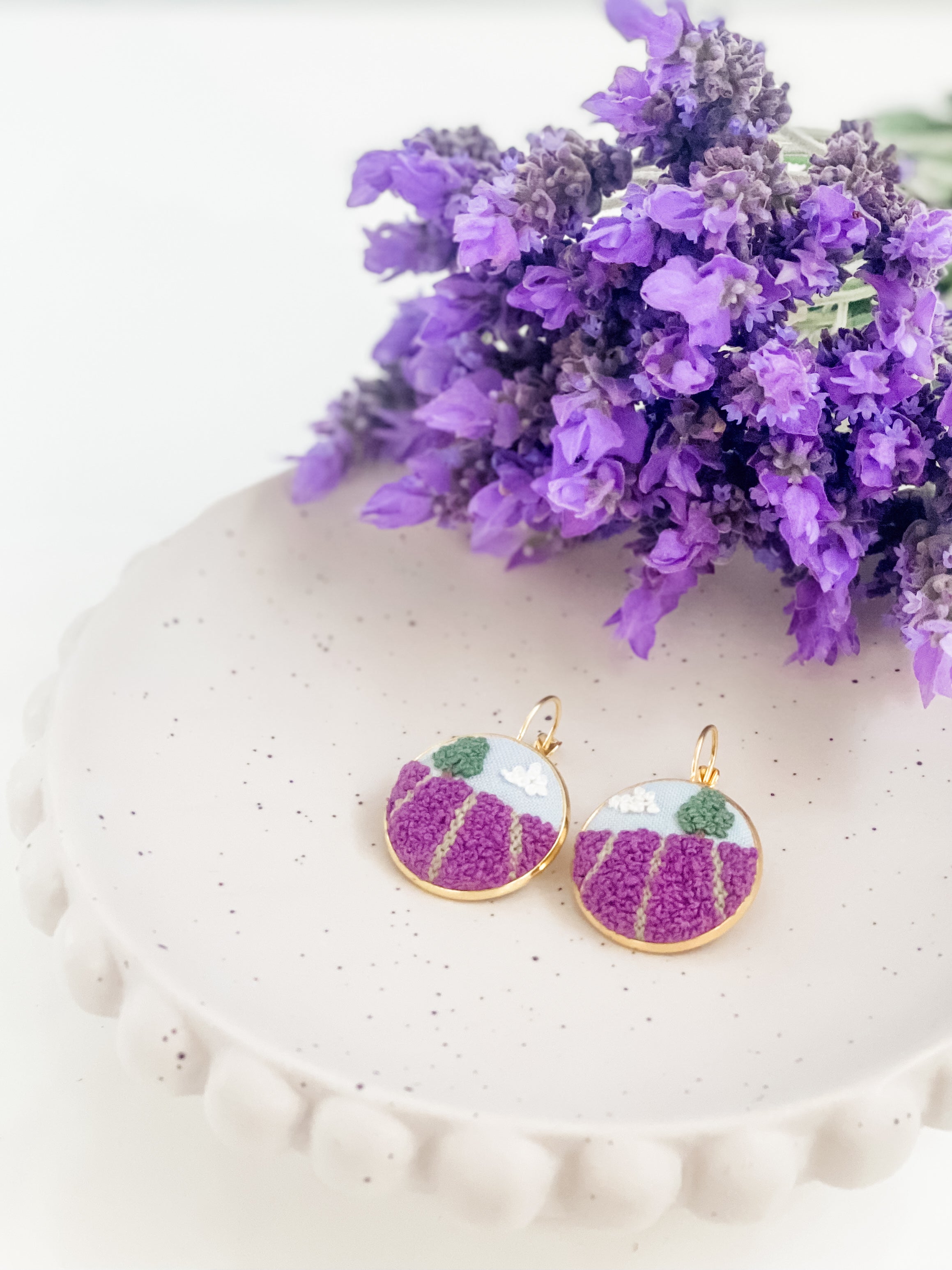 Hand-embroidered Micro-Landscape French hook earrings - Lavender Dreams