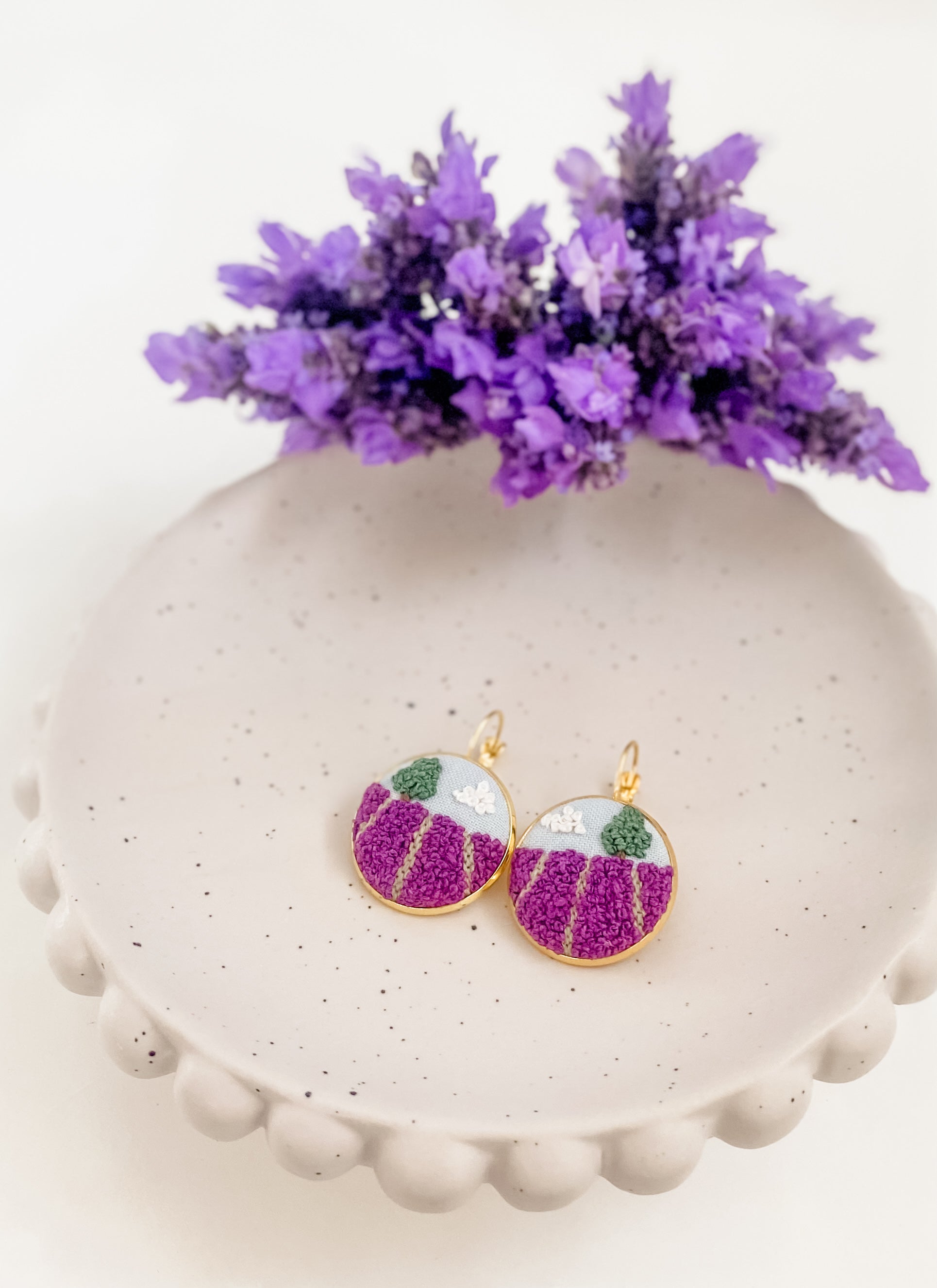 Embroidered Landscape Earrings | Modern Embroidered Earrings | Wearable Art Earrings - Lavender Dreams