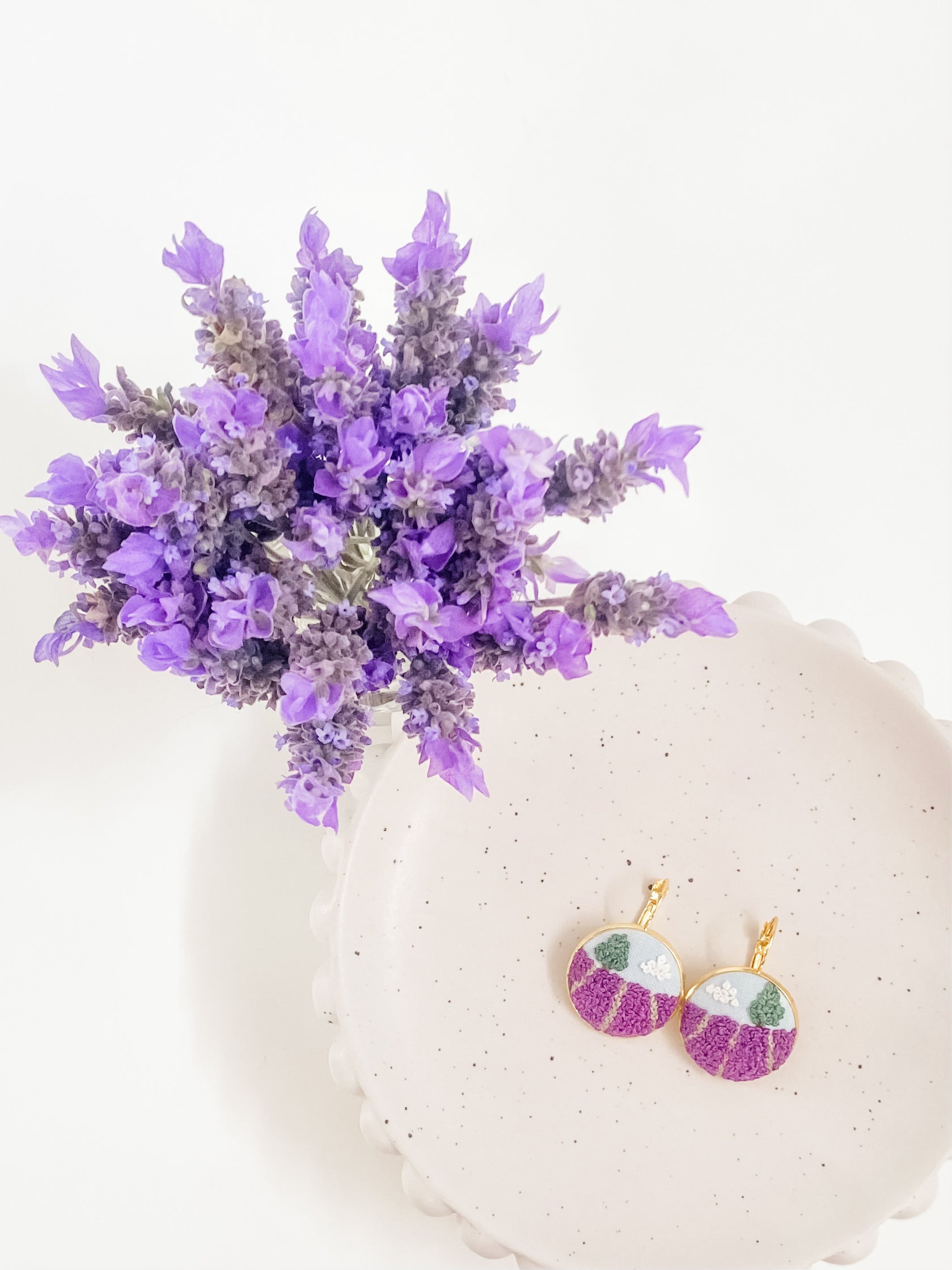 Hand-embroidered Micro-Landscape French hook earrings - Lavender Dreams