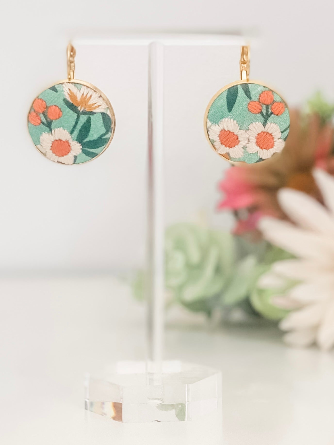 Large round French hook earrings, hand-embroidered