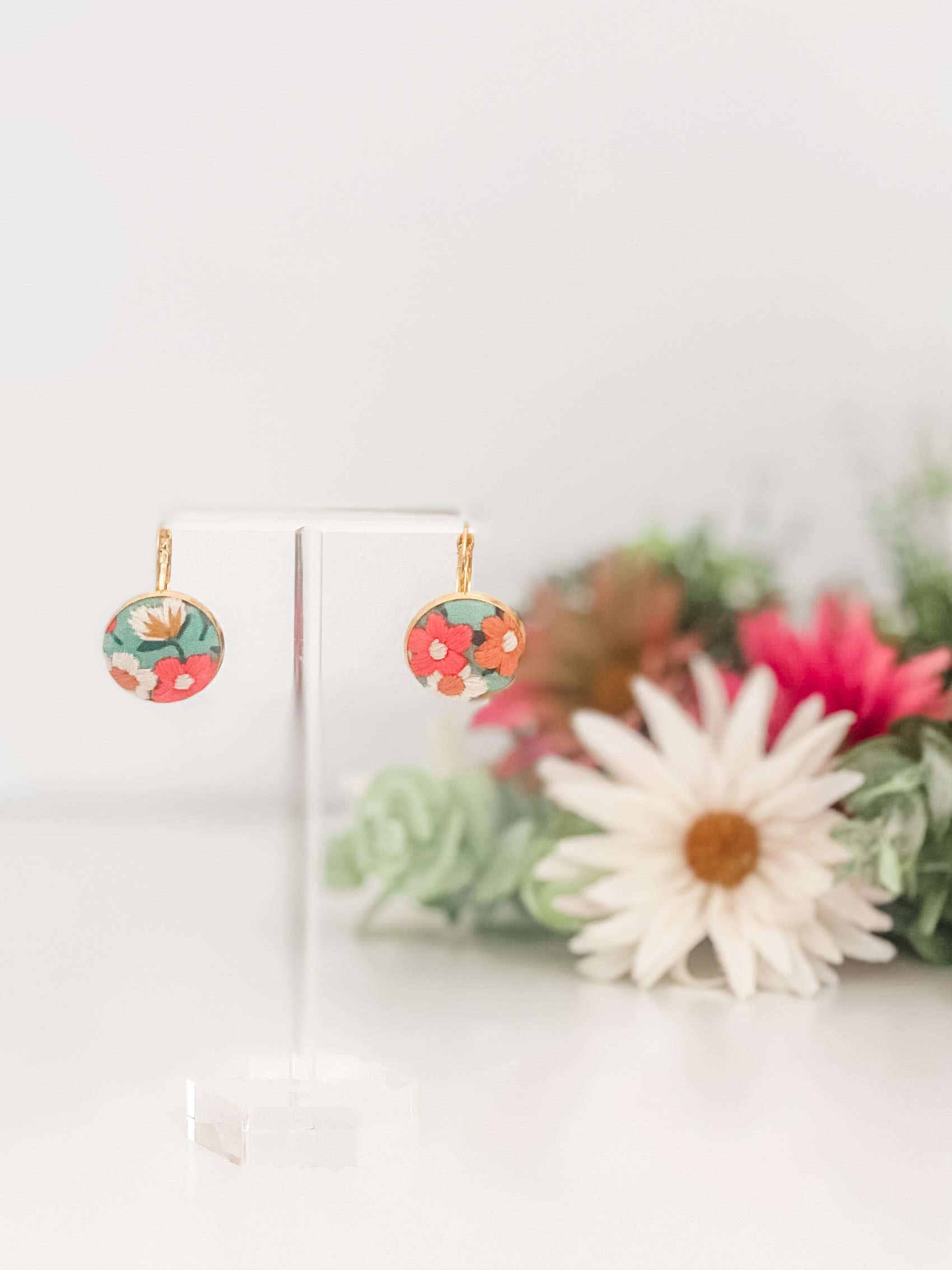 Small round French hook earrings, hand-embroidered