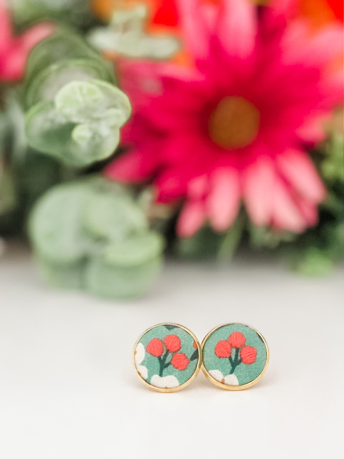 Round stud earrings, hand-embroidered