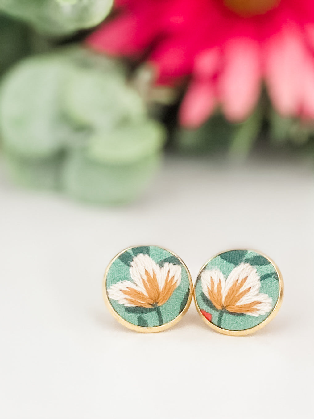 Round stud earrings, hand-embroidered