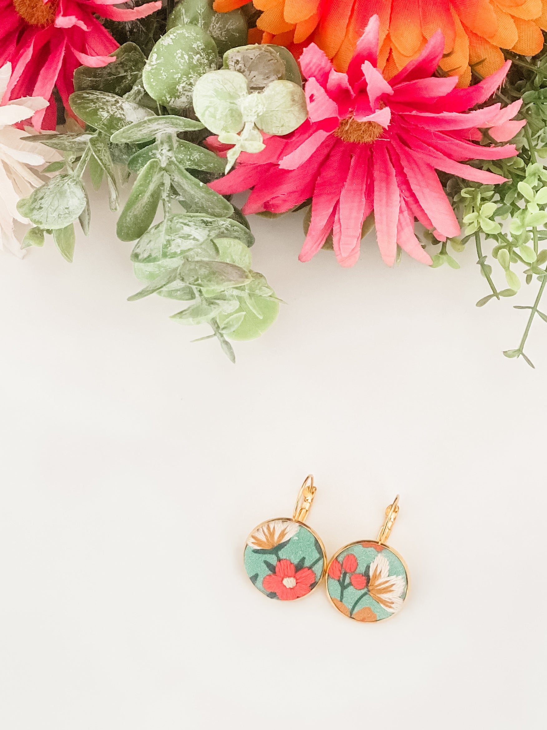 Small round French hook earrings, hand-embroidered