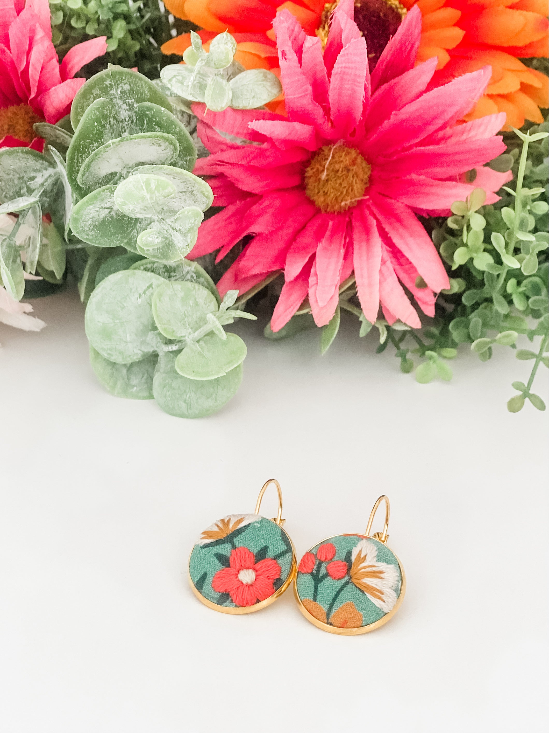 Small round French hook earrings, hand-embroidered