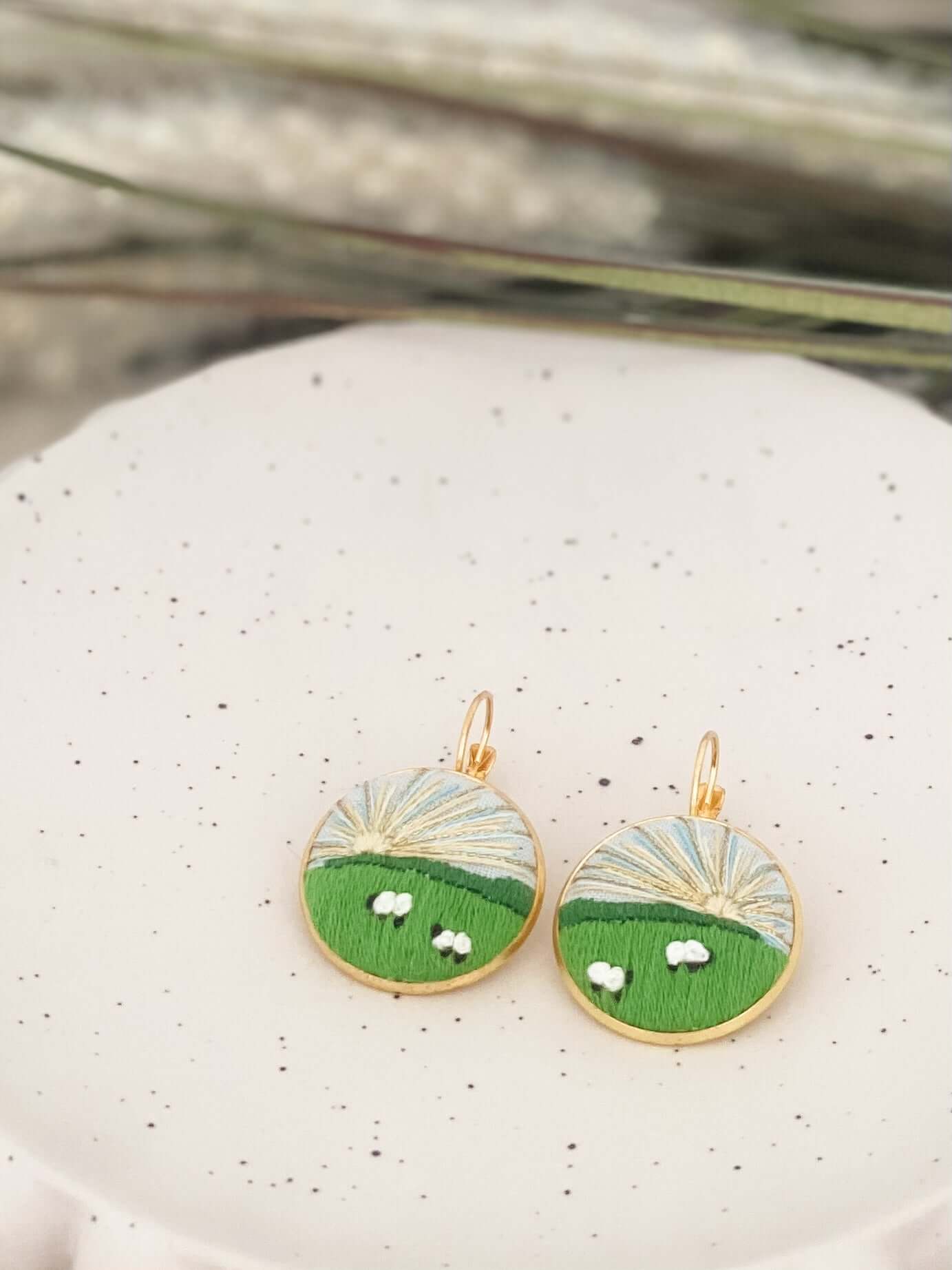 Hand-embroidered Micro-Landscape French hook earrings - Crookwell