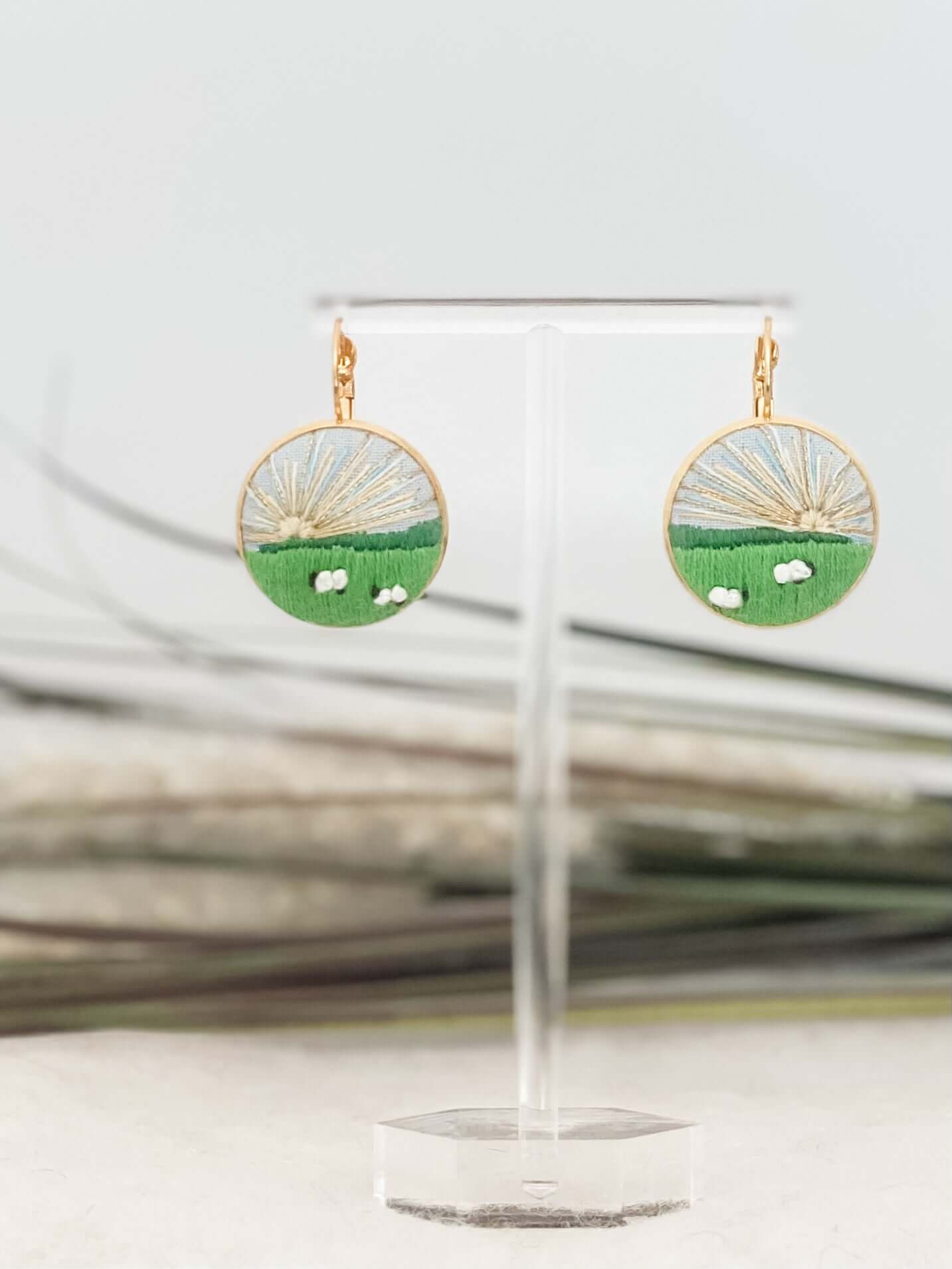 Hand-embroidered Micro-Landscape French hook earrings - Crookwell