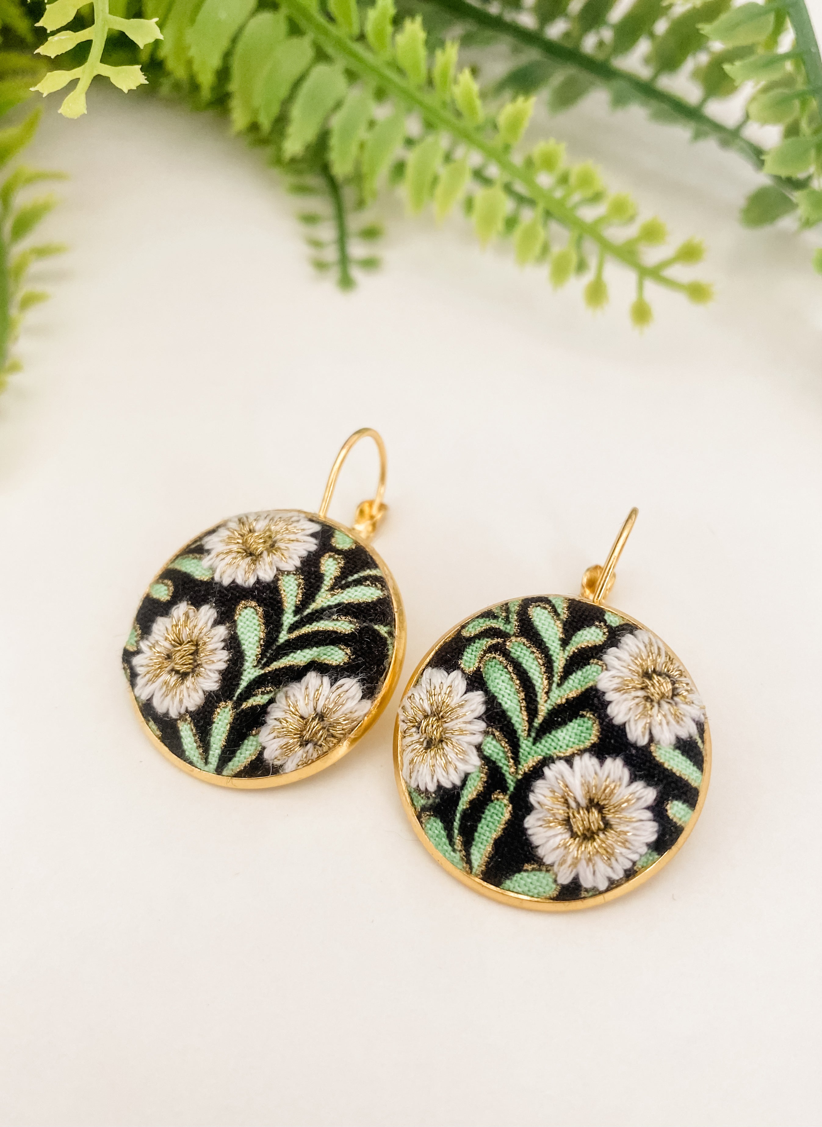 Large round French hook earrings, hand-embroidered