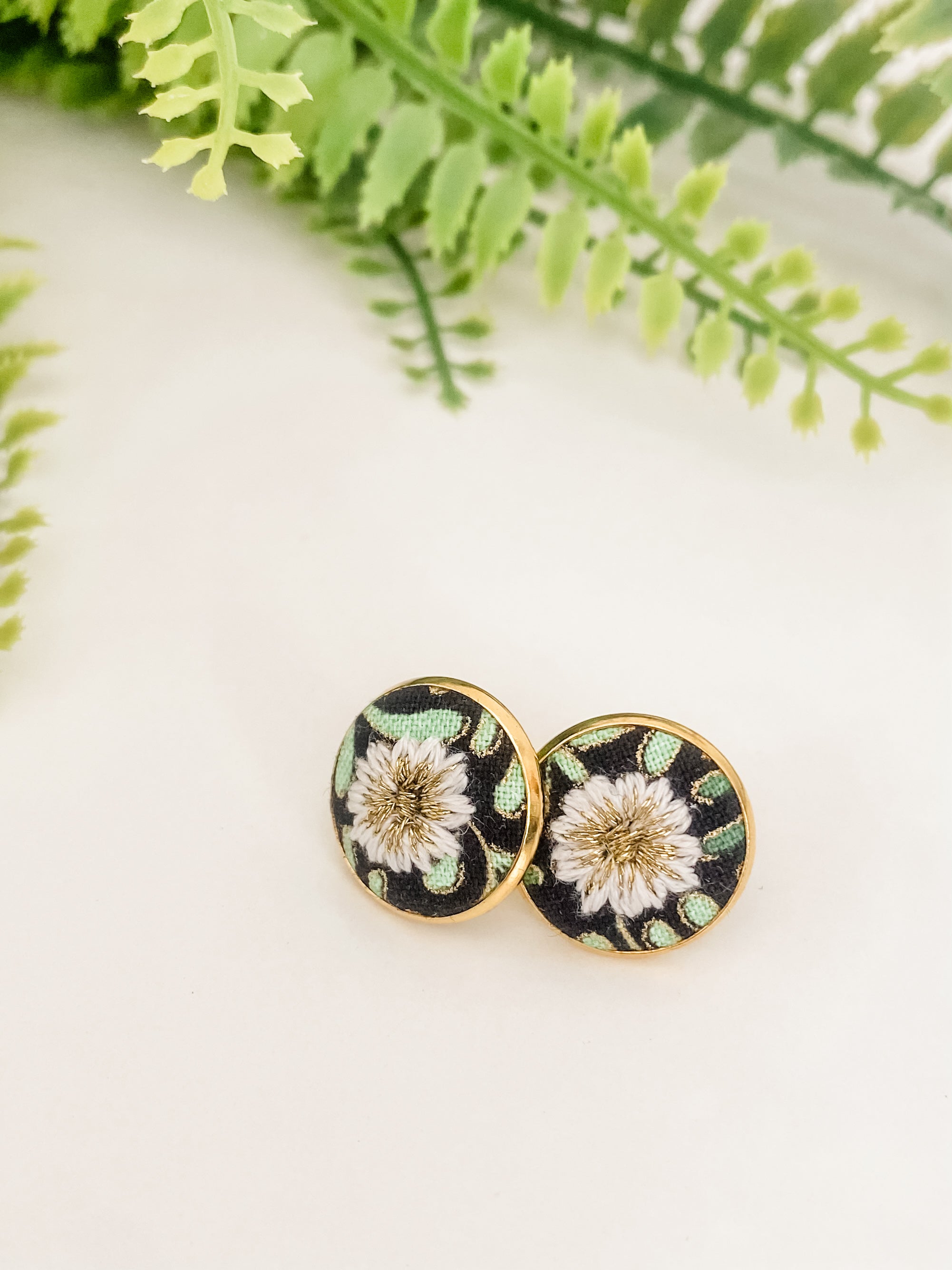 Round stud earrings, hand-embroidered