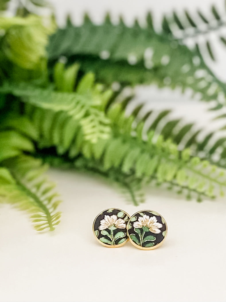 Round stud earrings, hand-embroidered