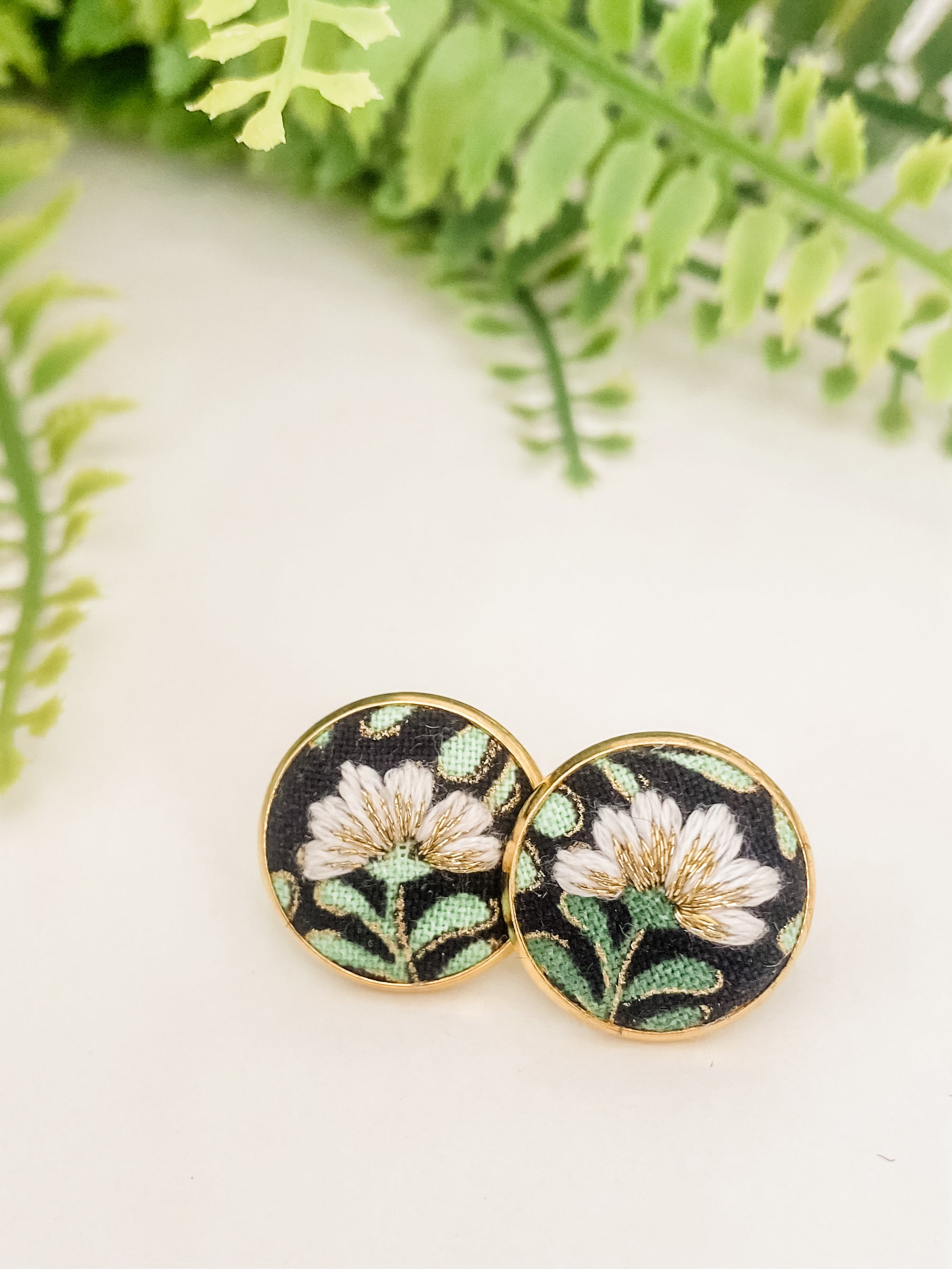 Round stud earrings, hand-embroidered