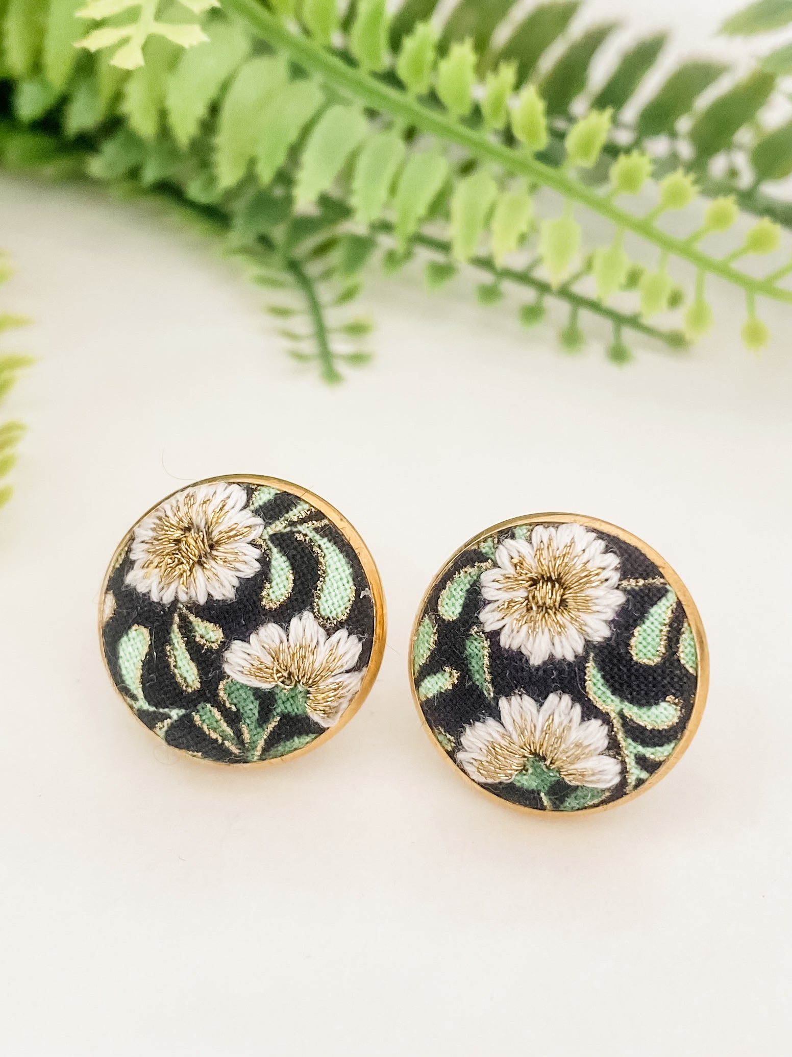 Round clip-on earrings, hand-embroidered