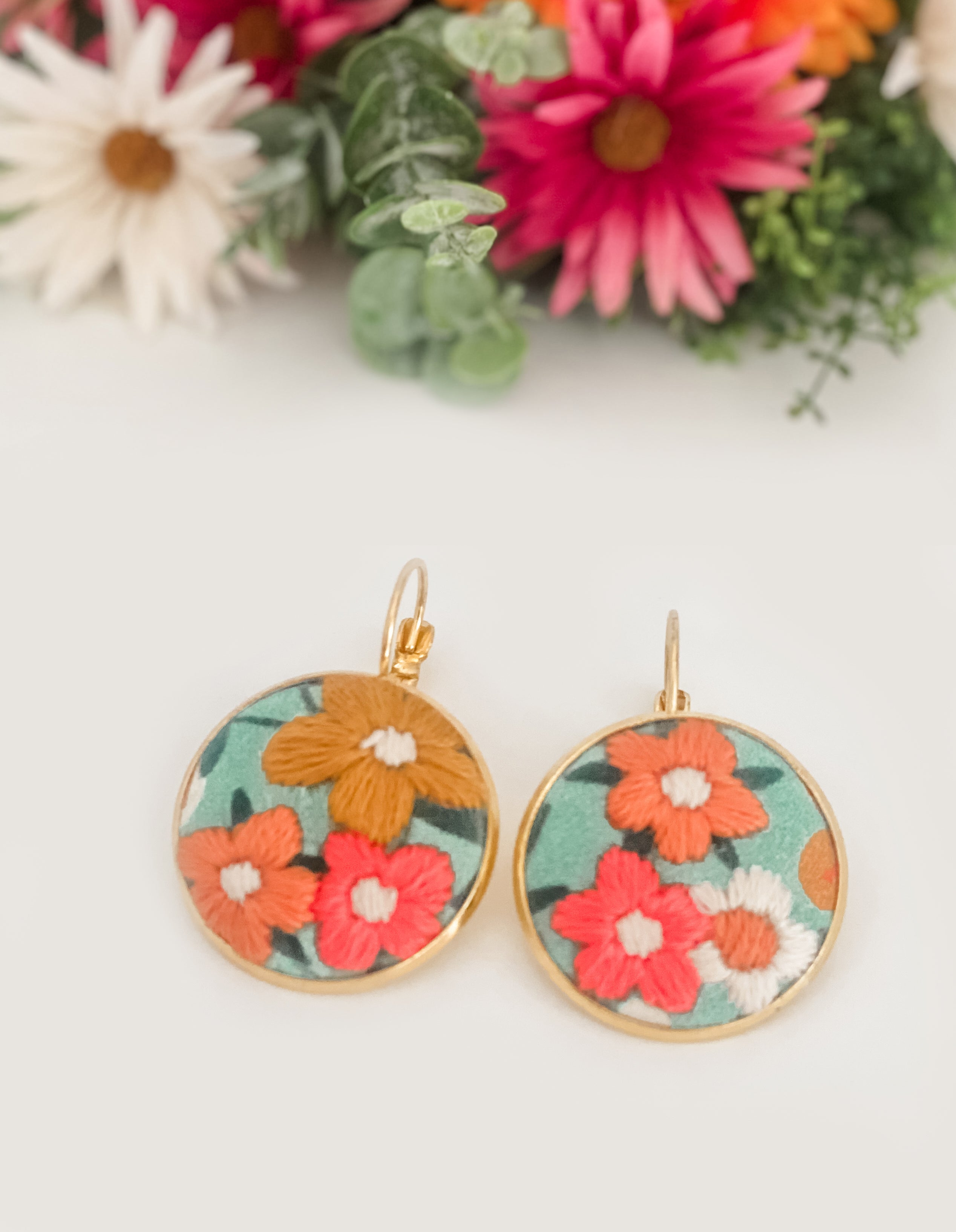 Large round French hook earrings, hand-embroidered