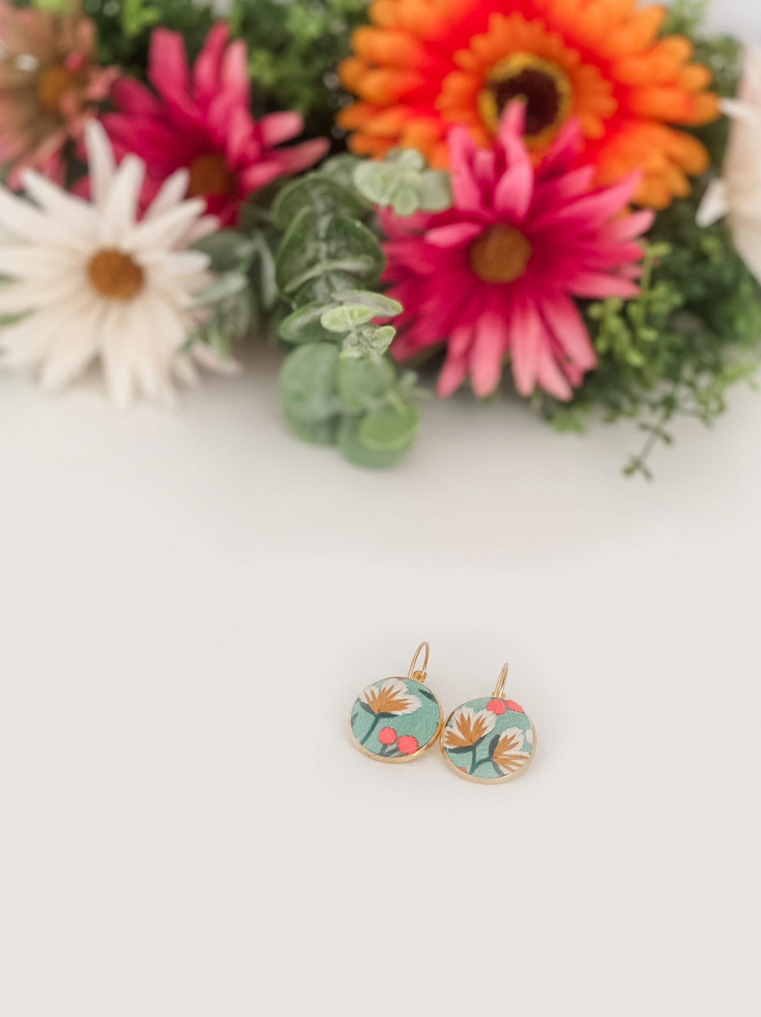 Small round French hook earrings, hand-embroidered