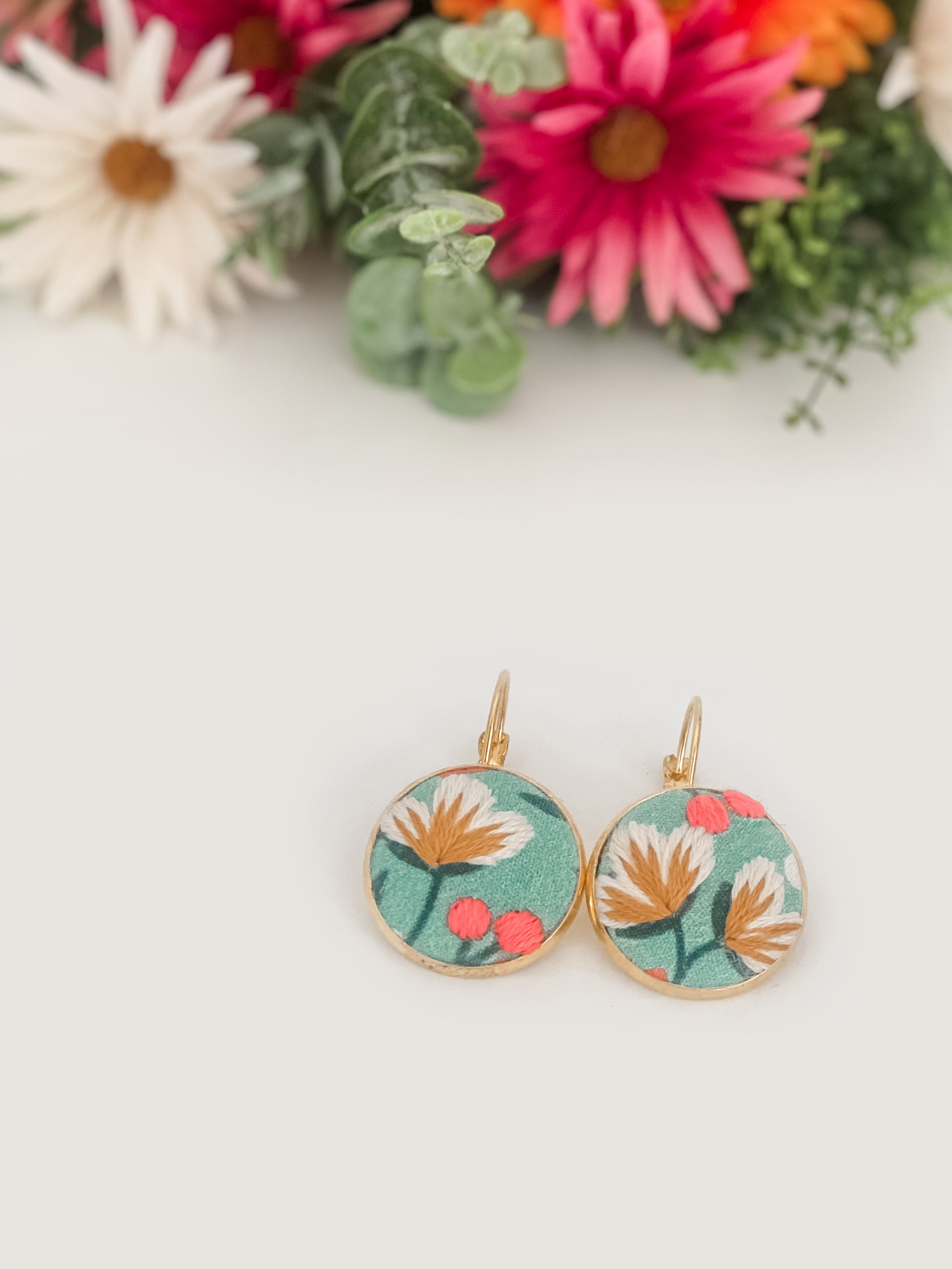 Small round French hook earrings, hand-embroidered