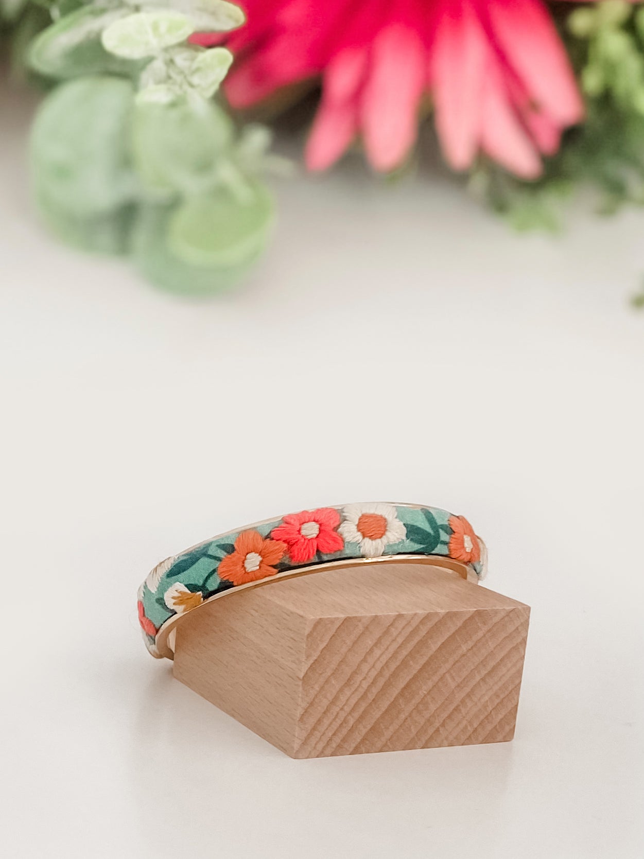 Adjustable gold cuff bracelet, hand-embroidered