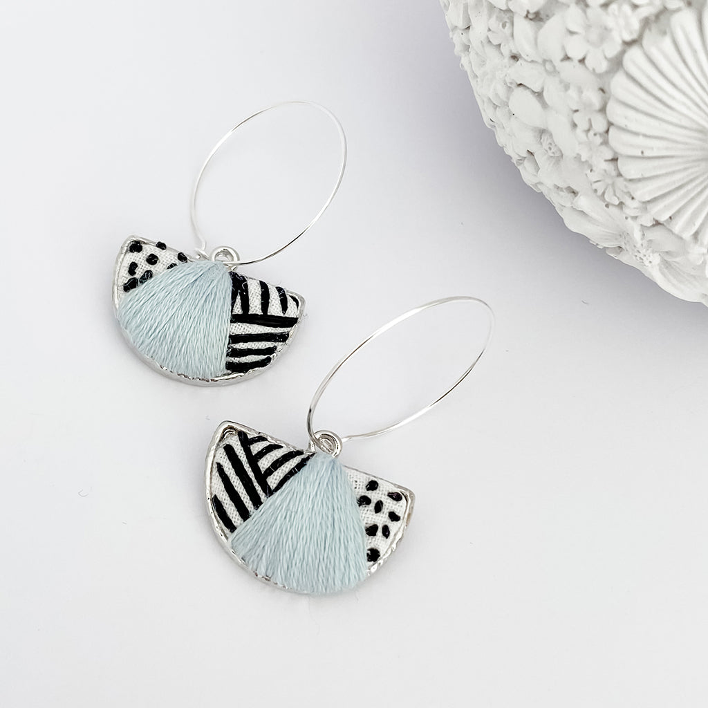 Kuro Collection – Hand-Embroidered Spots and Stripes Earrings (Silver)